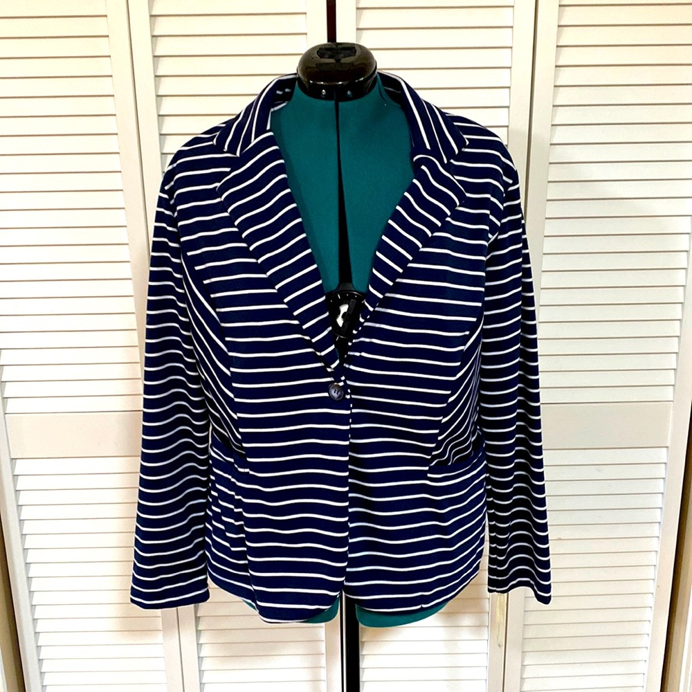 Brand New w/ Tag Kenar Woman Size 2X Navy & White Striped Blazer